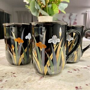 Otagiri Mugs Black Background with Iris design Gold Accents Set 3